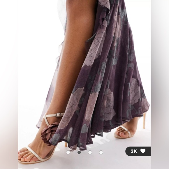 cowl neck bias maxi dress with frills and mixed fabric - Picture 4 of 7